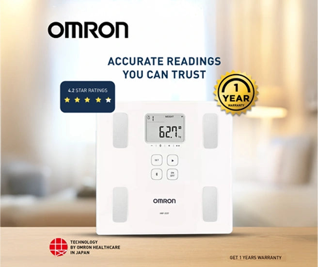 Omron body fat scale with rating and warranty information on a blurred background