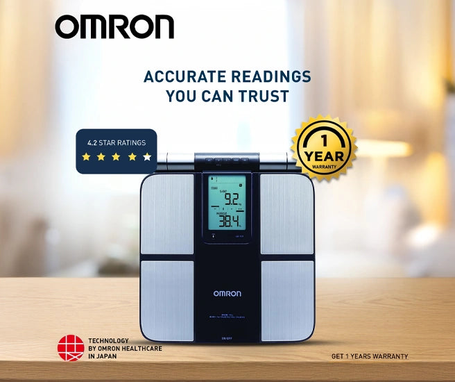 Omron body fat scale with warranty and rating information on a blurred background
