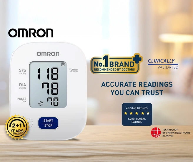 Omron blood pressure monitor with brand logos and product features on a blurred background