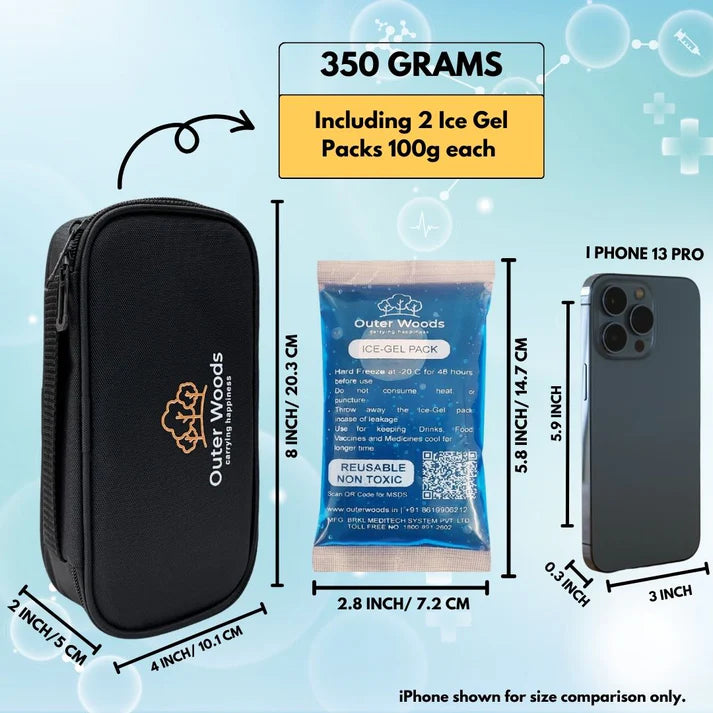 Outer Woods ice gel pack with dimensions and weight information on a light blue background