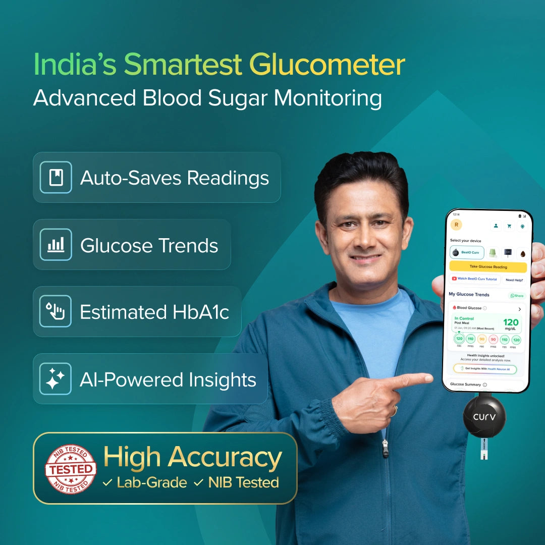 Man holding a smartphone displaying a glucometer app with features listed on a teal background.