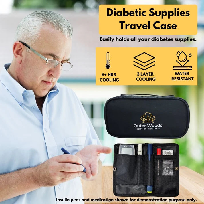 Man using a diabetic supplies travel case with product features highlighted.