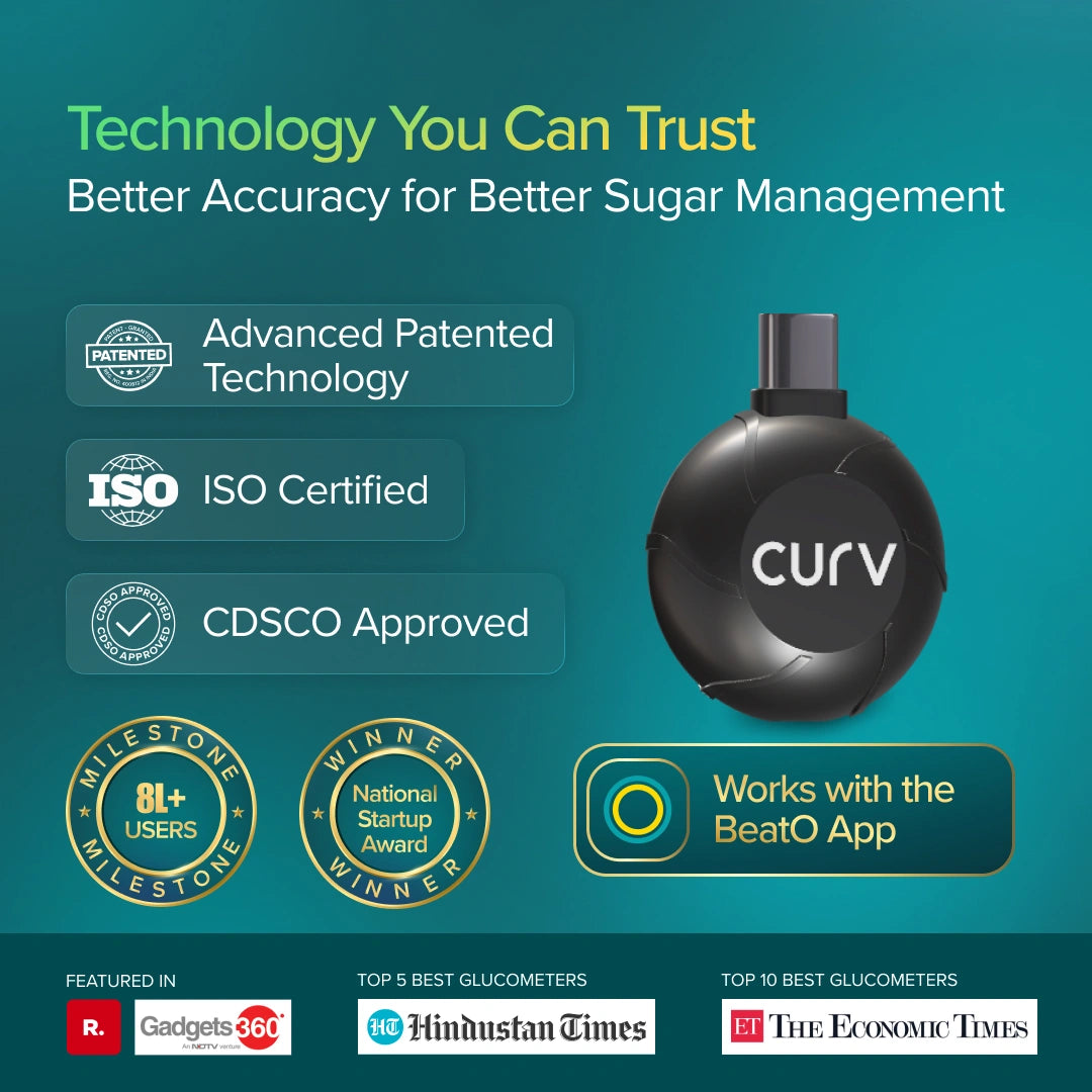 CURV glucose meter with certification badges on a teal background