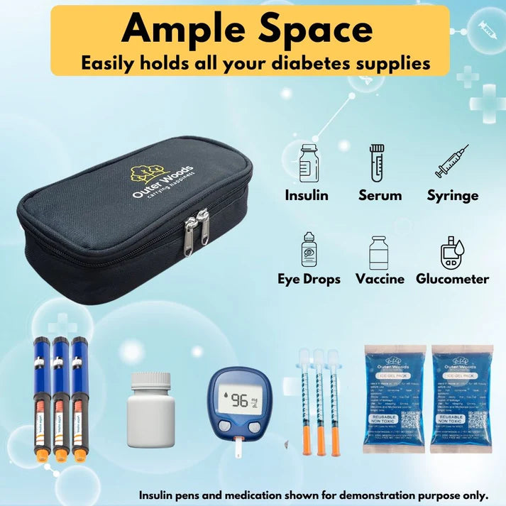 Black diabetes supply case with insulin, serum, syringe, eye drops, vaccine, and glucometer icons on a light blue background.