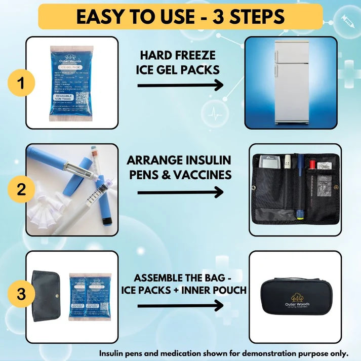 Instructions for using hard freeze ice gel packs with insulin pens and vaccines, shown in a step-by-step format.