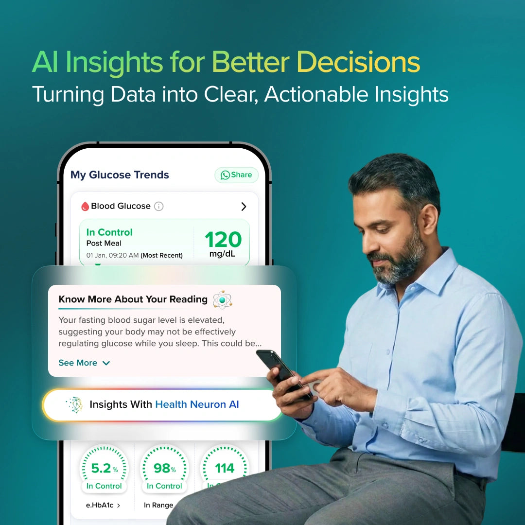 Man using a smartphone with health app displaying glucose trends on a teal background