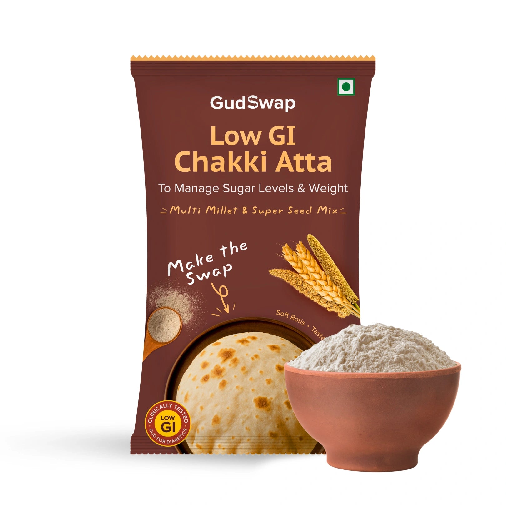 GudSwap by BeatO Low GI Chakki Atta (1kg) | Diabetes-Friendly | High Fibre | Multi Millet & Super Seed Mix | No Preservatives | No Added Sugar | Stone-Ground