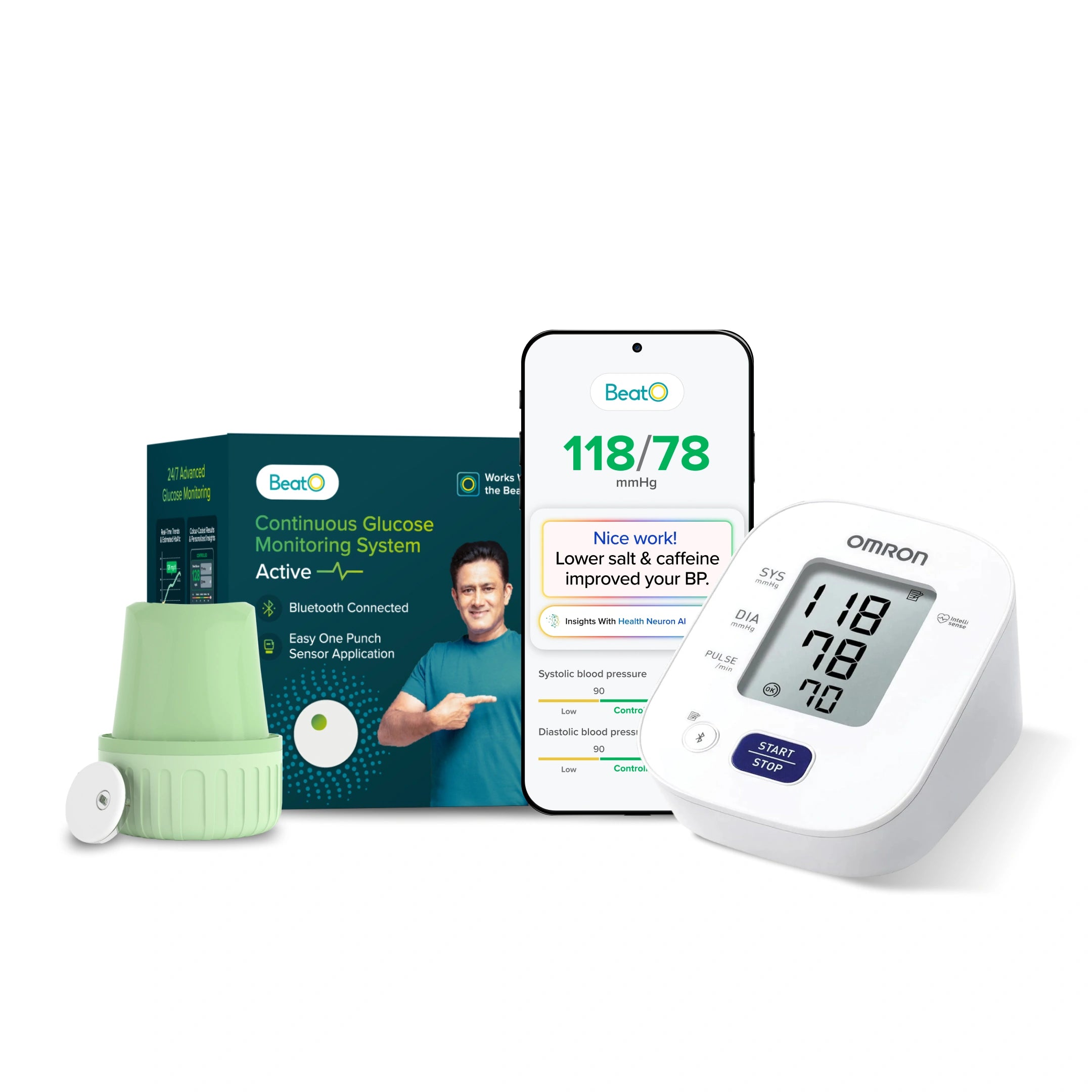 BeatO OMRON HEM-7140T1 Bluetooth BP Monitor & BeatO CGM Glucose Monitor for diabetes| 15-Day Glucose Tracking