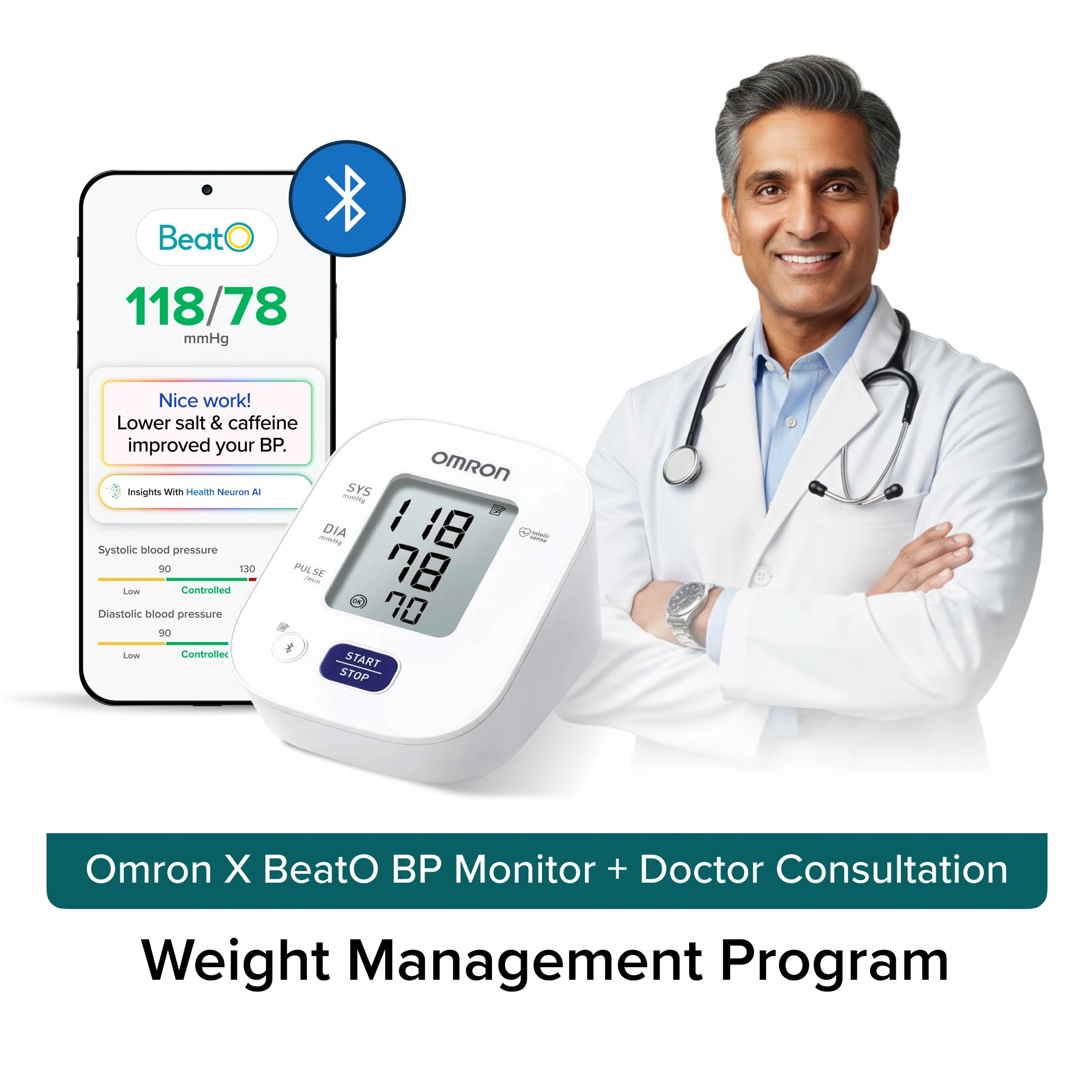 Omron X BeatO BP Monitor + FREE Weight Management Doctor Consultation | Clinically Validated | Bluetooth Connected | Weight Management & Metabolic Insights