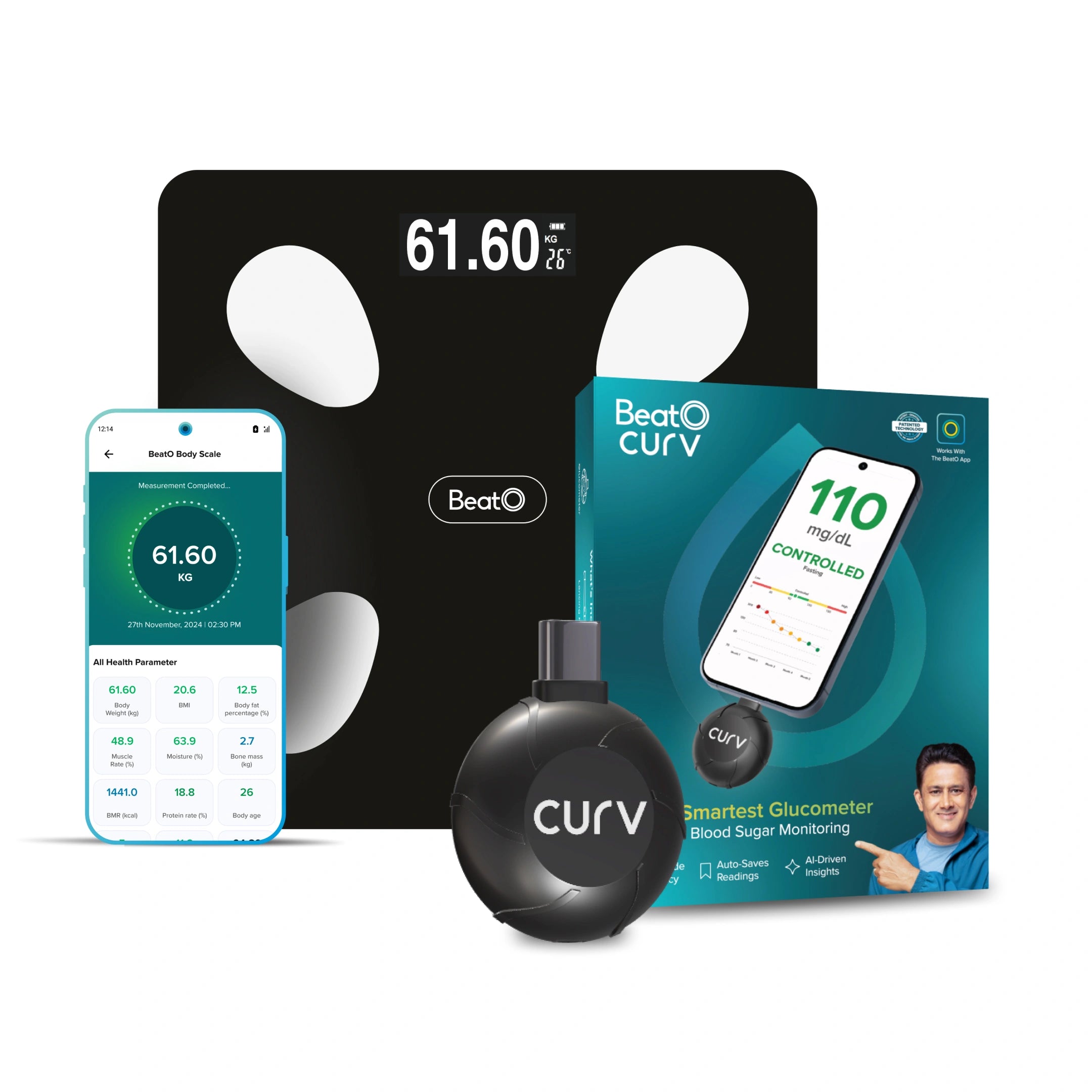 FitScale by BeatO Body Composition Scale with BeatO CURV Glucometer FREE 25Strips & 25Lancets Type-C USB Connector | Android Only