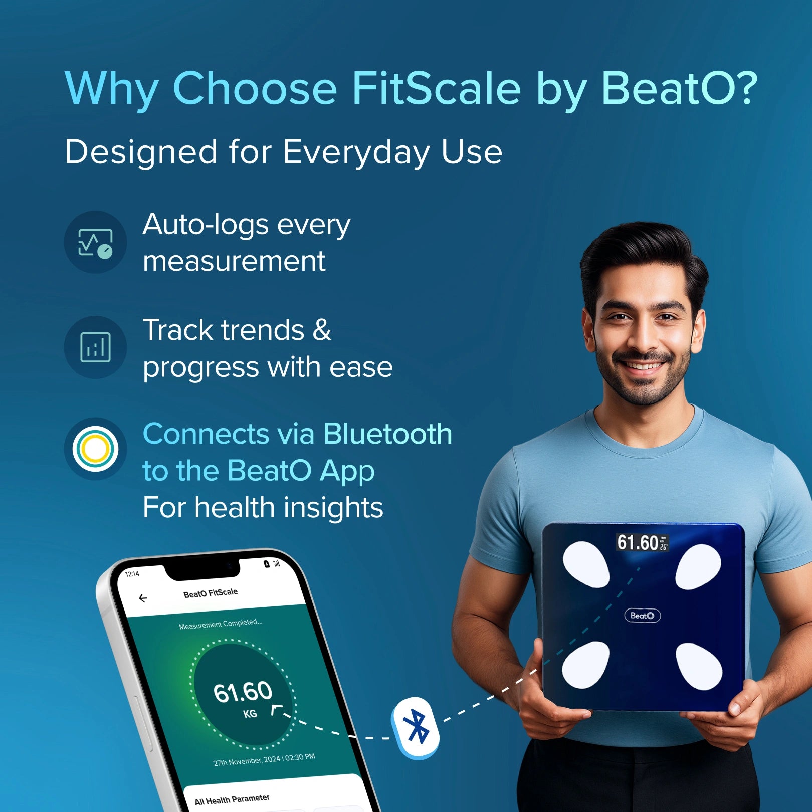 Person holding a FitScale by BeatO with smartphone showing app interface on a blue background
