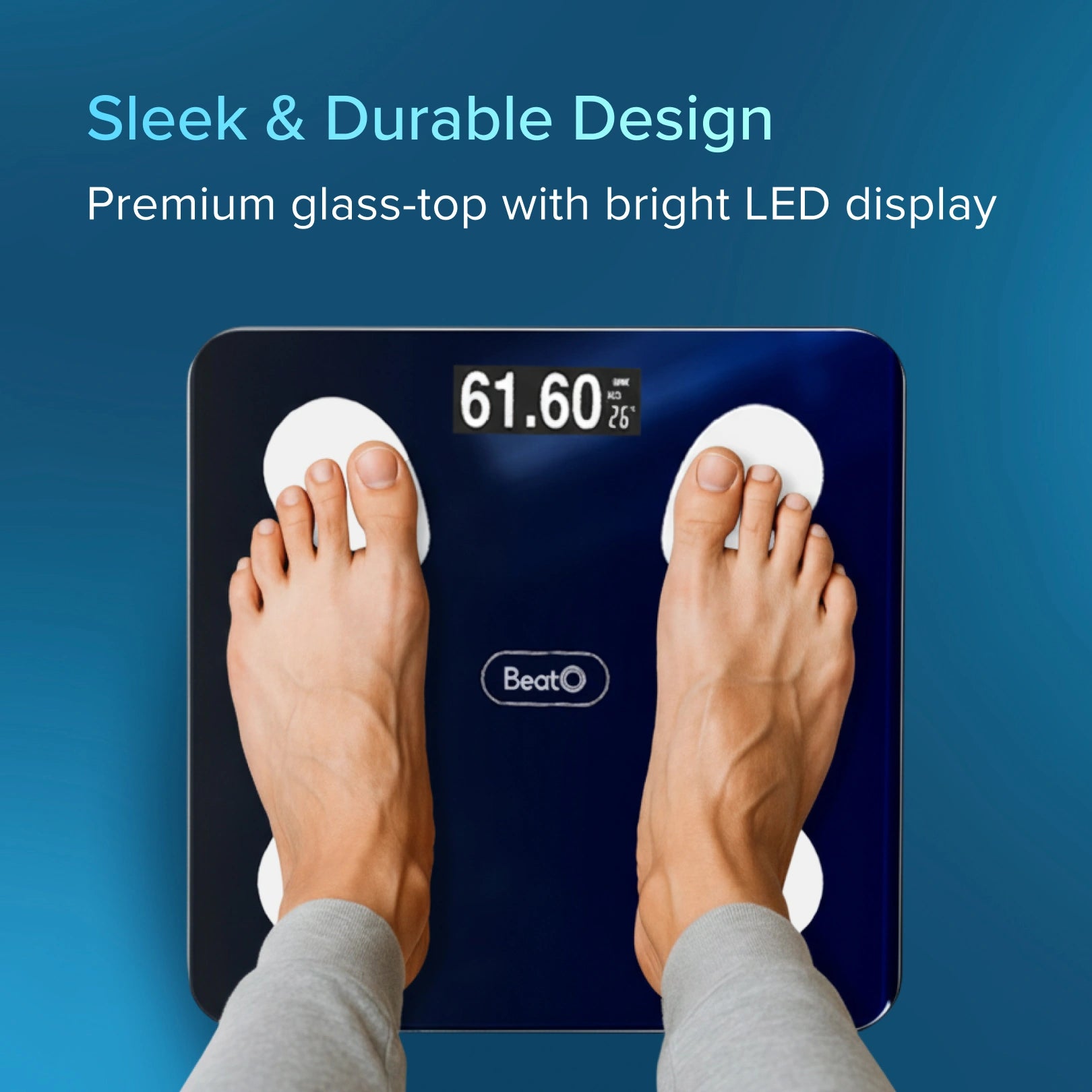 Person stepping on a digital bathroom scale with 'Beat' branding against a blue background