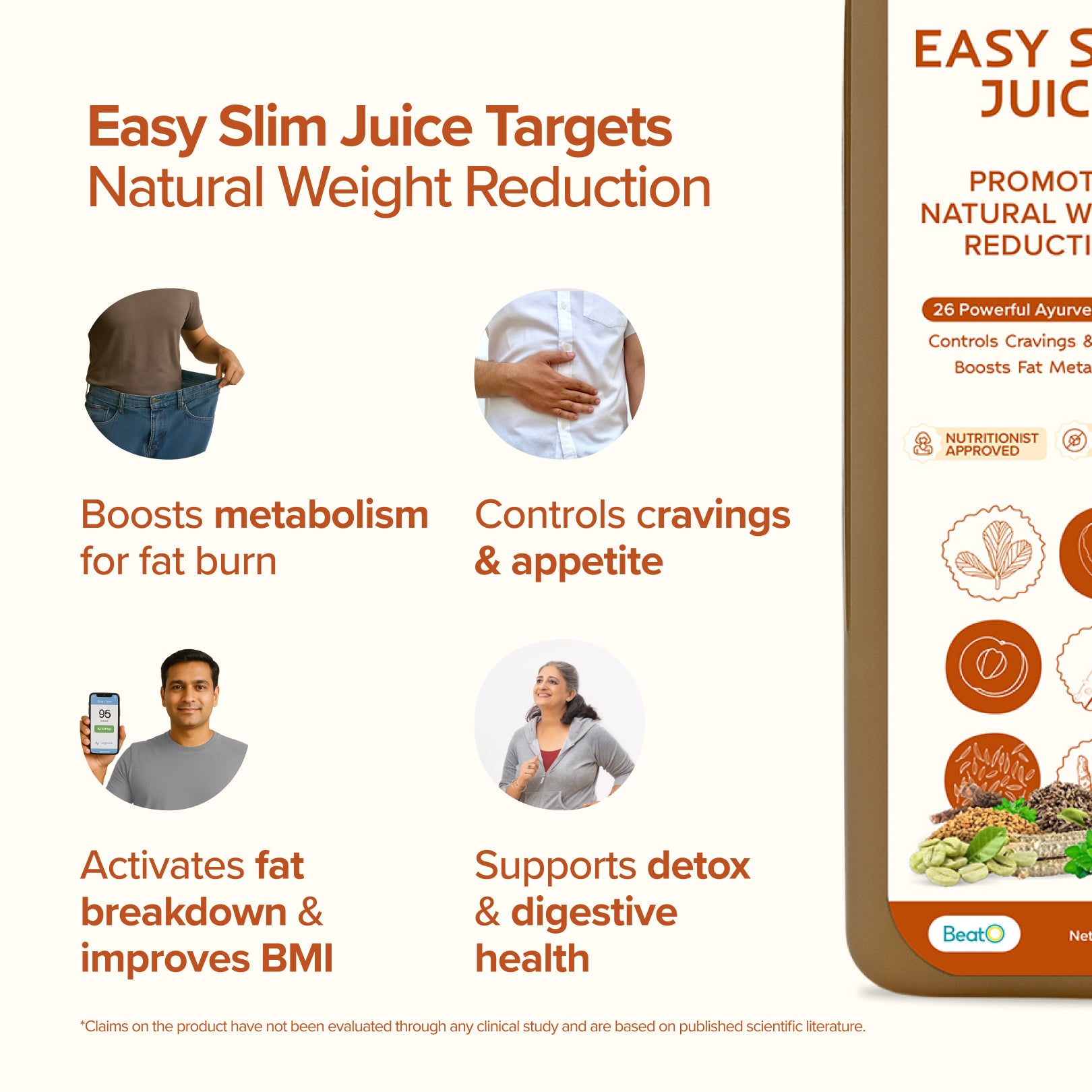 Advertisement for Easy Slim Juice highlighting weight reduction benefits on a white background.