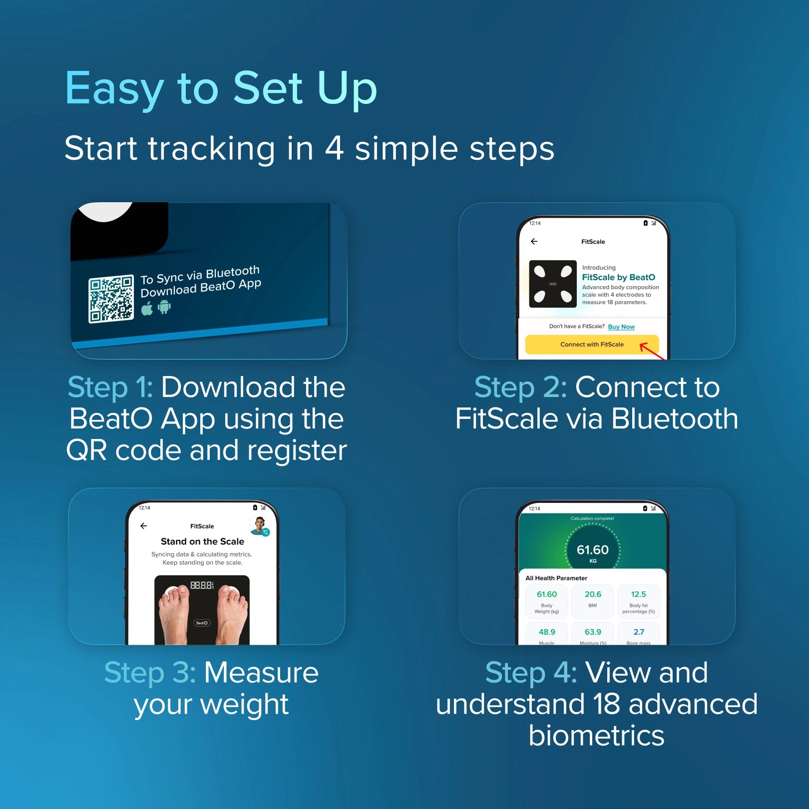 Instructions for setting up a device with a QR code, app download, Bluetooth connection, weight measurement, and biometric display.