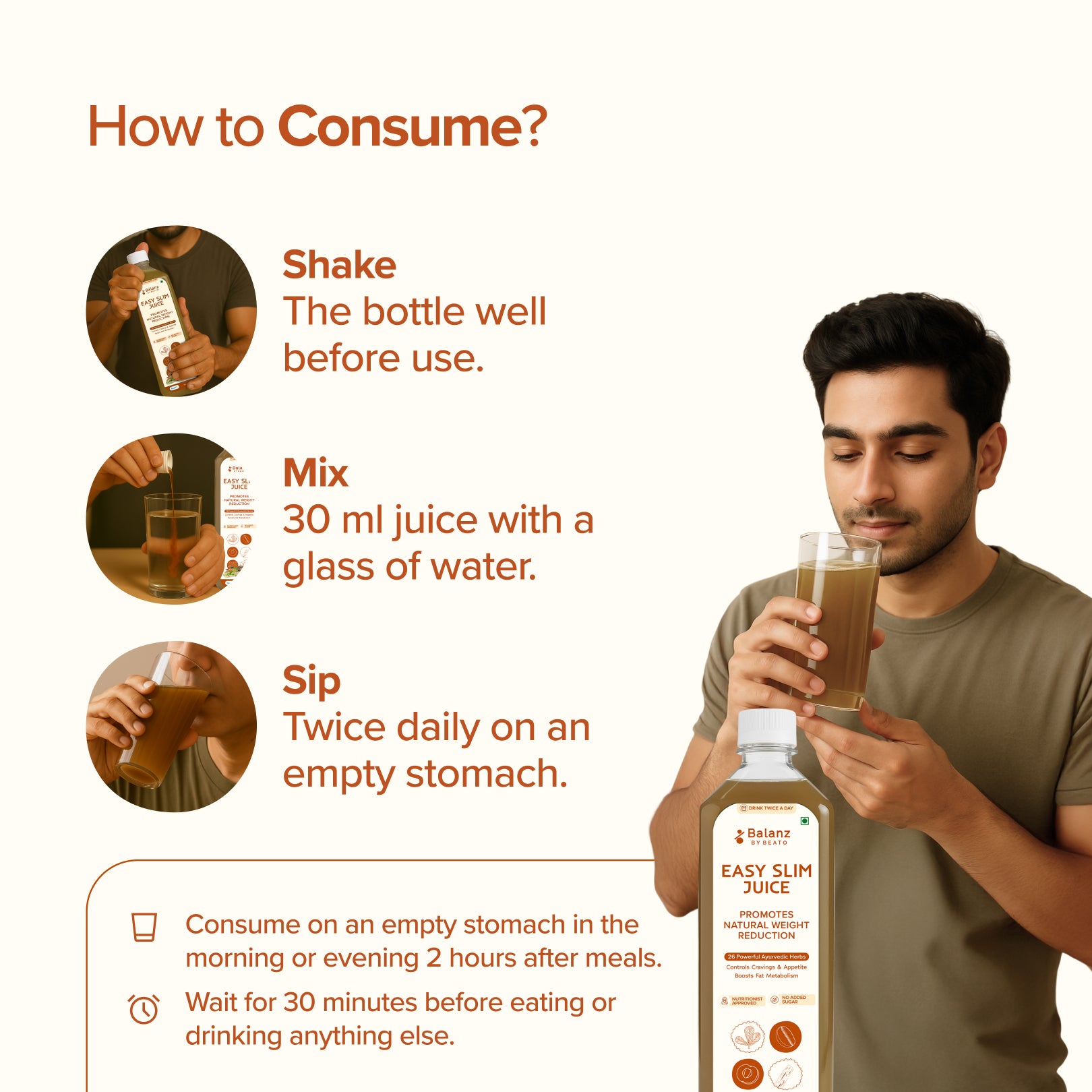 Person holding a glass of juice with instructions on how to consume it.