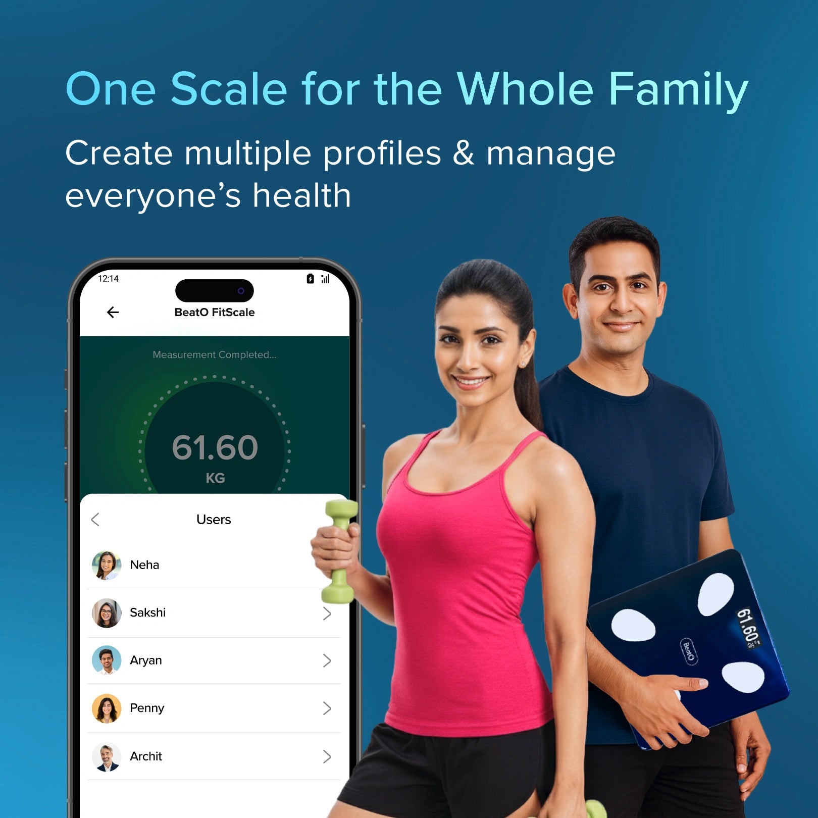 Two people standing next to a smartphone displaying a health app with text 'One Scale for the Whole Family'.