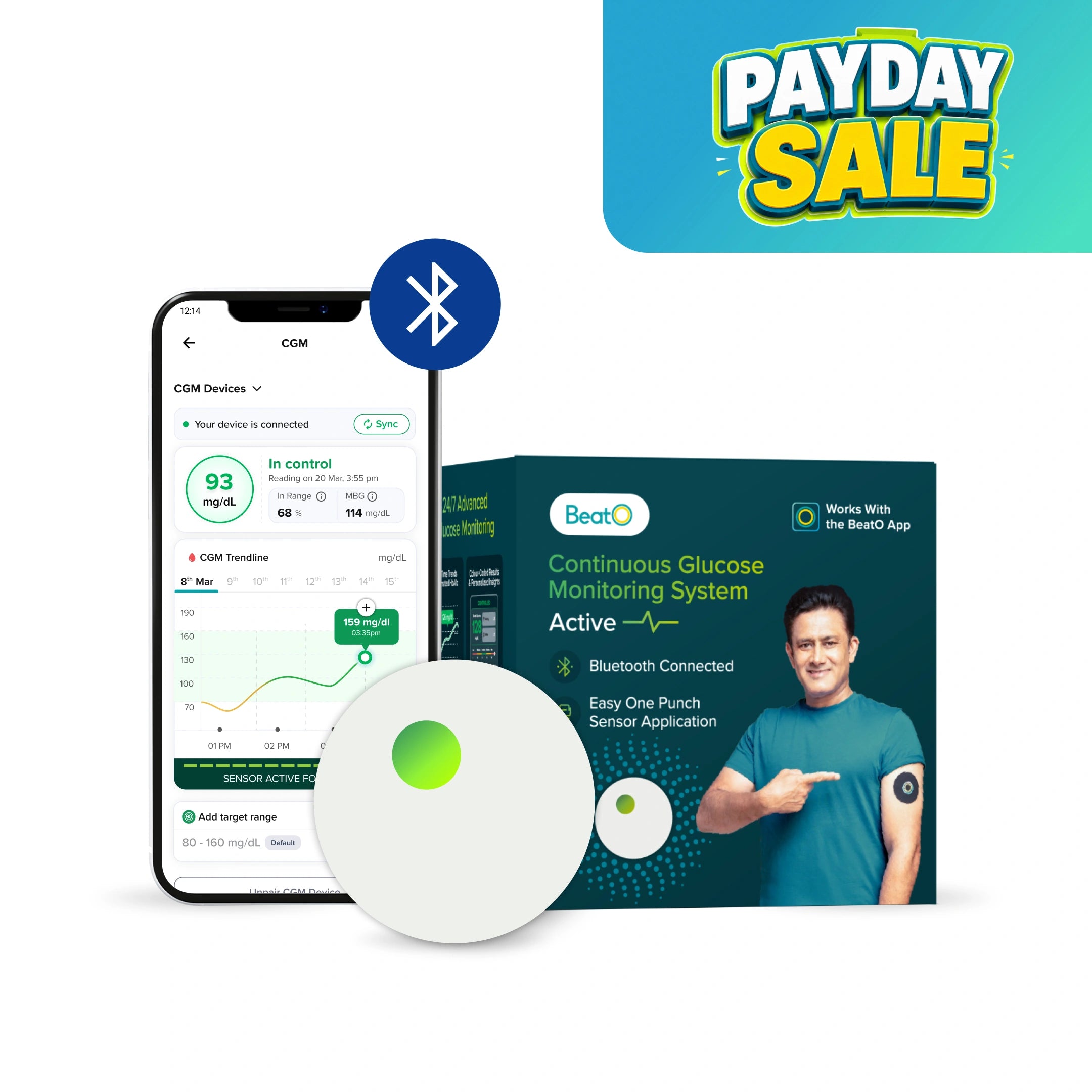 BeatO CGM Glucose Monitor for diabetes | Bluetooth Connected CGM Sugar Test Machine for home | 15-Day Glucose Tracking | No-Scan, One-Push Application