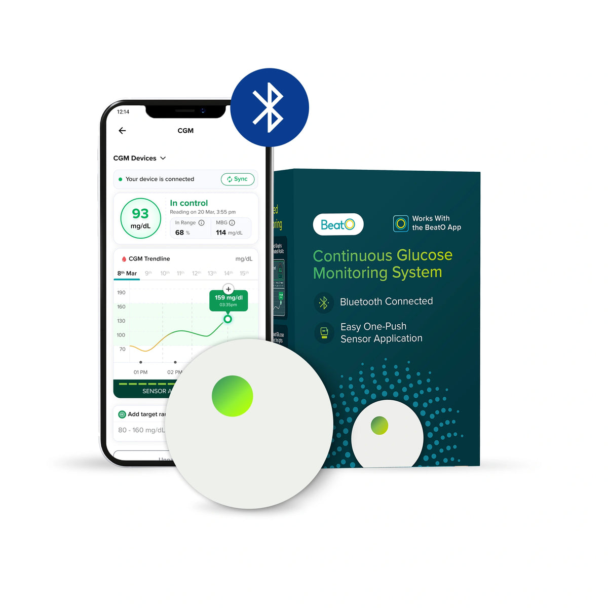 BeatO CGM Glucose Monitor for diabetes | Bluetooth Connected CGM Sugar Test Machine for home | 15-Day Glucose Tracking | No-Scan, One-Push Application