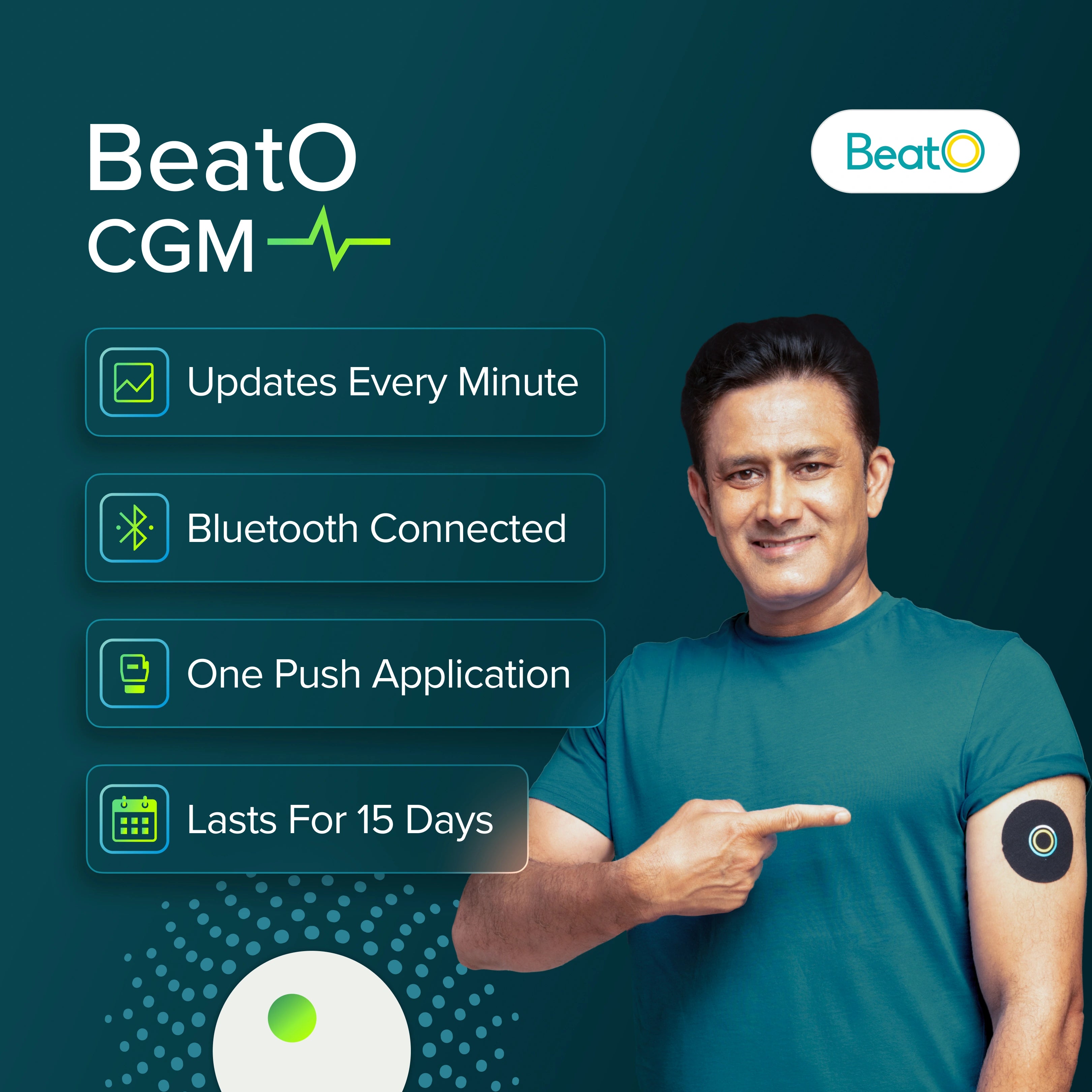 BeatO CGM Glucose Monitor for diabetes | Bluetooth Connected CGM Sugar Test Machine for home | 15-Day Glucose Tracking | No-Scan, One-Push Application