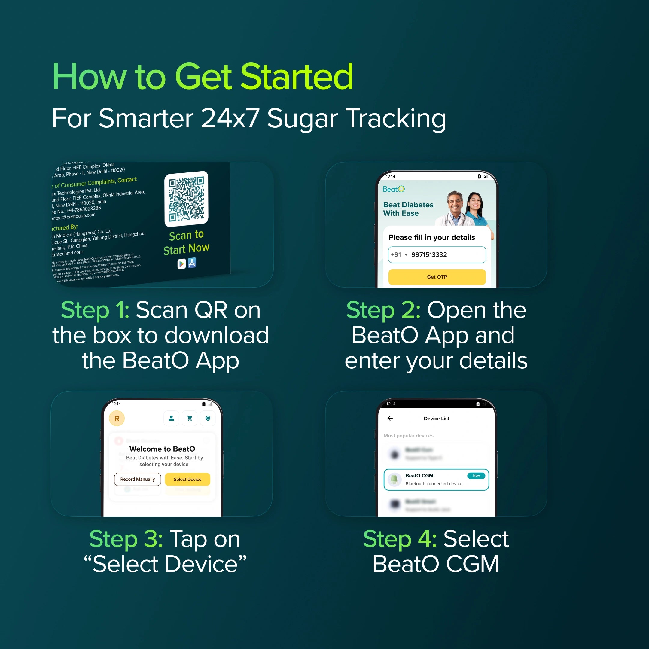 BeatO CGM Glucose Monitor for diabetes | Bluetooth Connected CGM Sugar Test Machine for home | 15-Day Glucose Tracking | No-Scan, One-Push Application