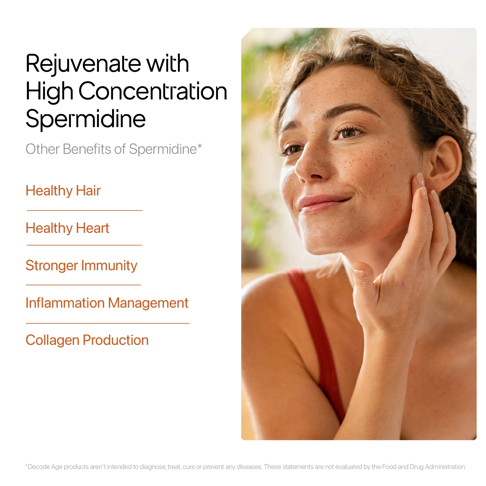 Woman touching her face with text about high concentration spermidine and its benefits.