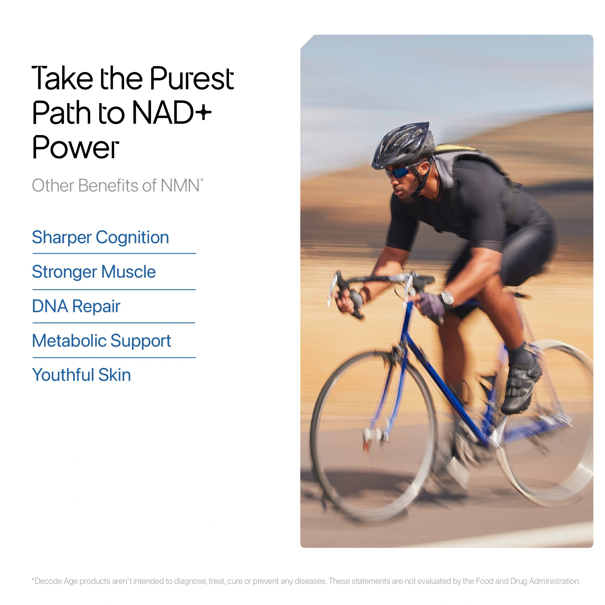 Person cycling with text about NAD+ power benefits on a white background