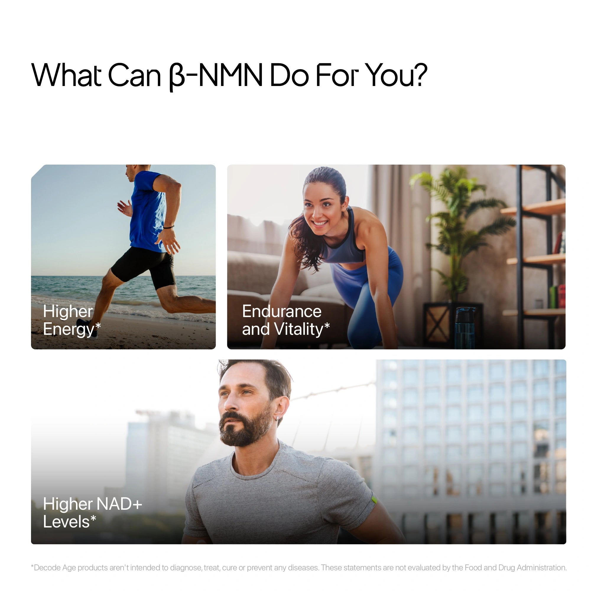 Promotional graphic about β-NMN with images of people exercising and a man looking at a screen.
