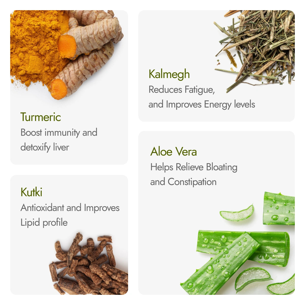 Herbal ingredients with their benefits displayed on a white background