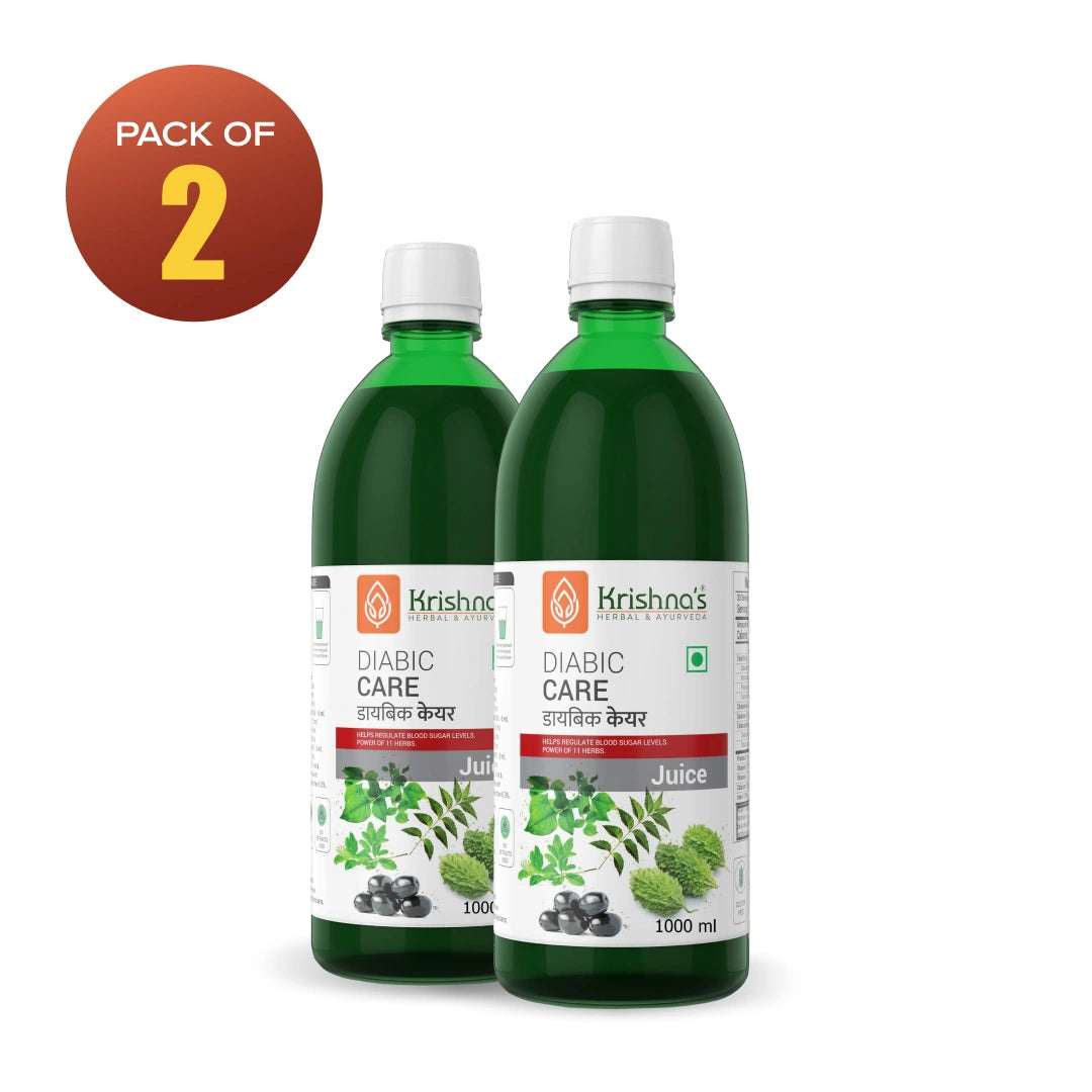 Two bottles of Krishna's Diabetic Care Juice on a white background with a 'Pack of 2' label.