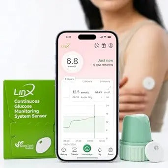 Smartphone displaying glucose monitoring app with Linx sensor packaging and device in the background.