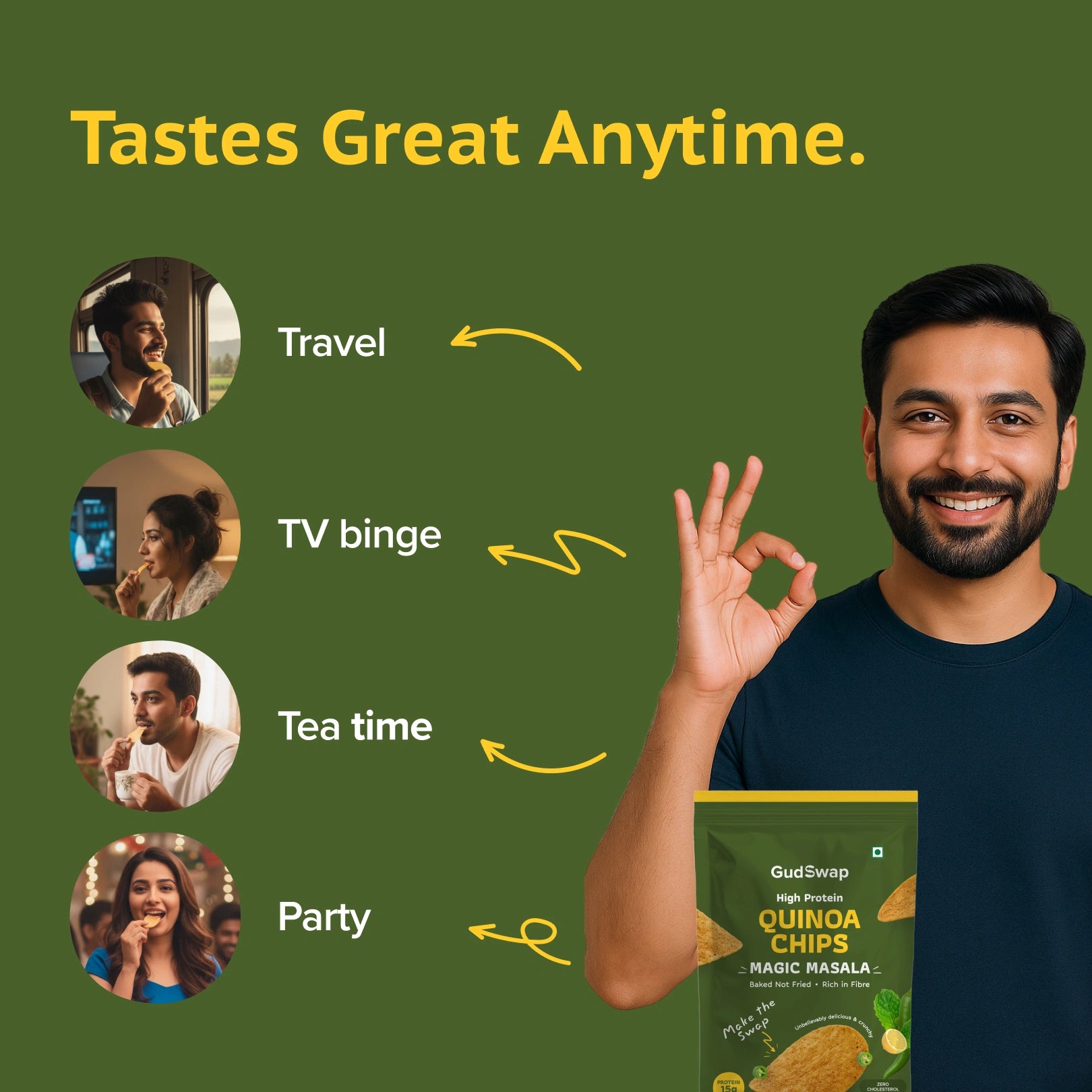 Man holding a package of Quinoa Chips with lifestyle scenarios on a green background