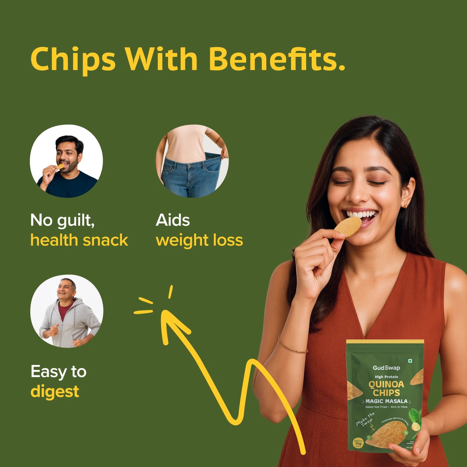 Woman holding a package of quinoa chips with health benefits text on a green background
