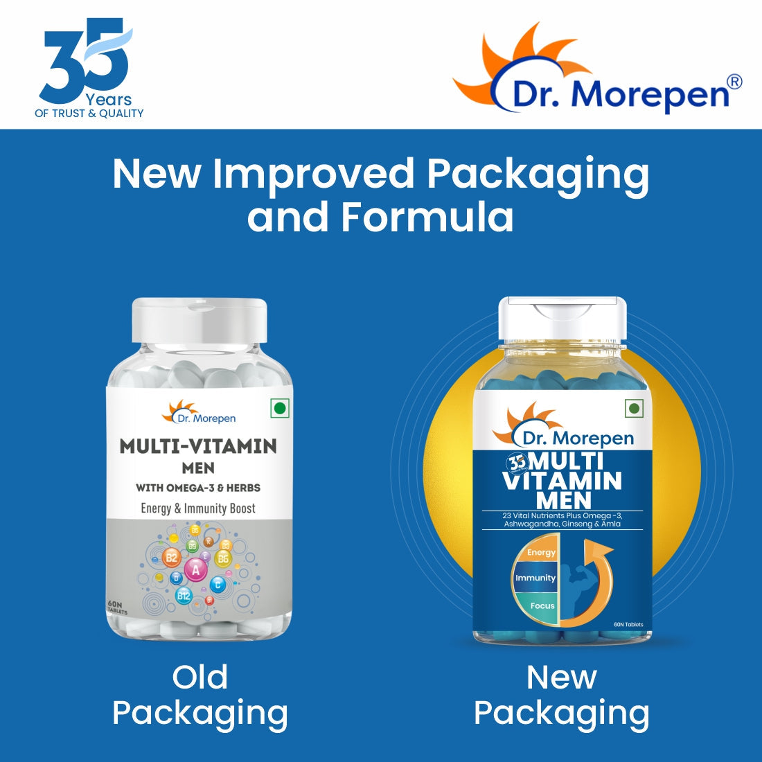 Dr. Morepen Multivitamins For Men With Omega 3 & Herbs | Energy & Immunity Booster Supplement - 60 Veg Tablets