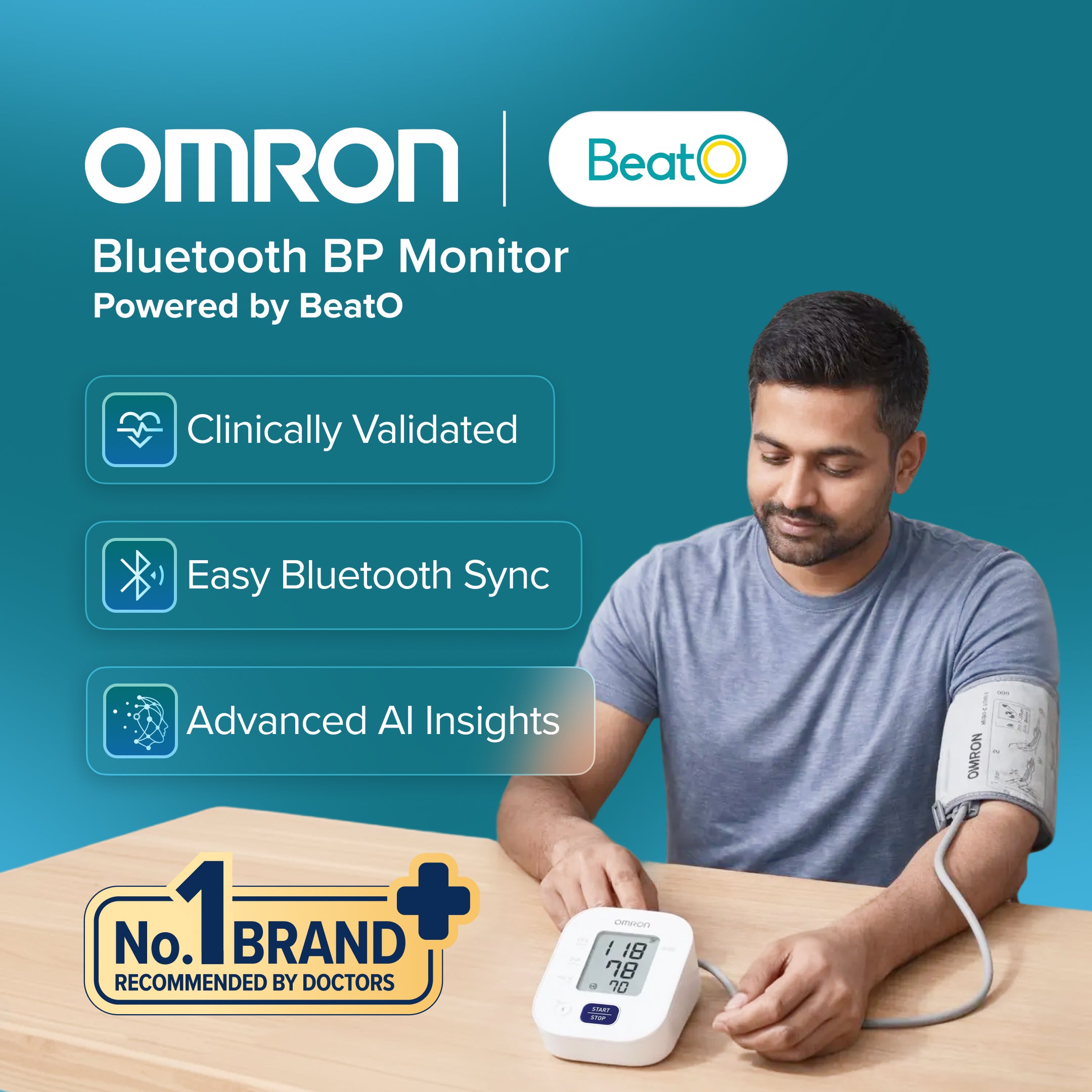 Omron Bluetooth BP Monitor with a man using it, on a blue background
