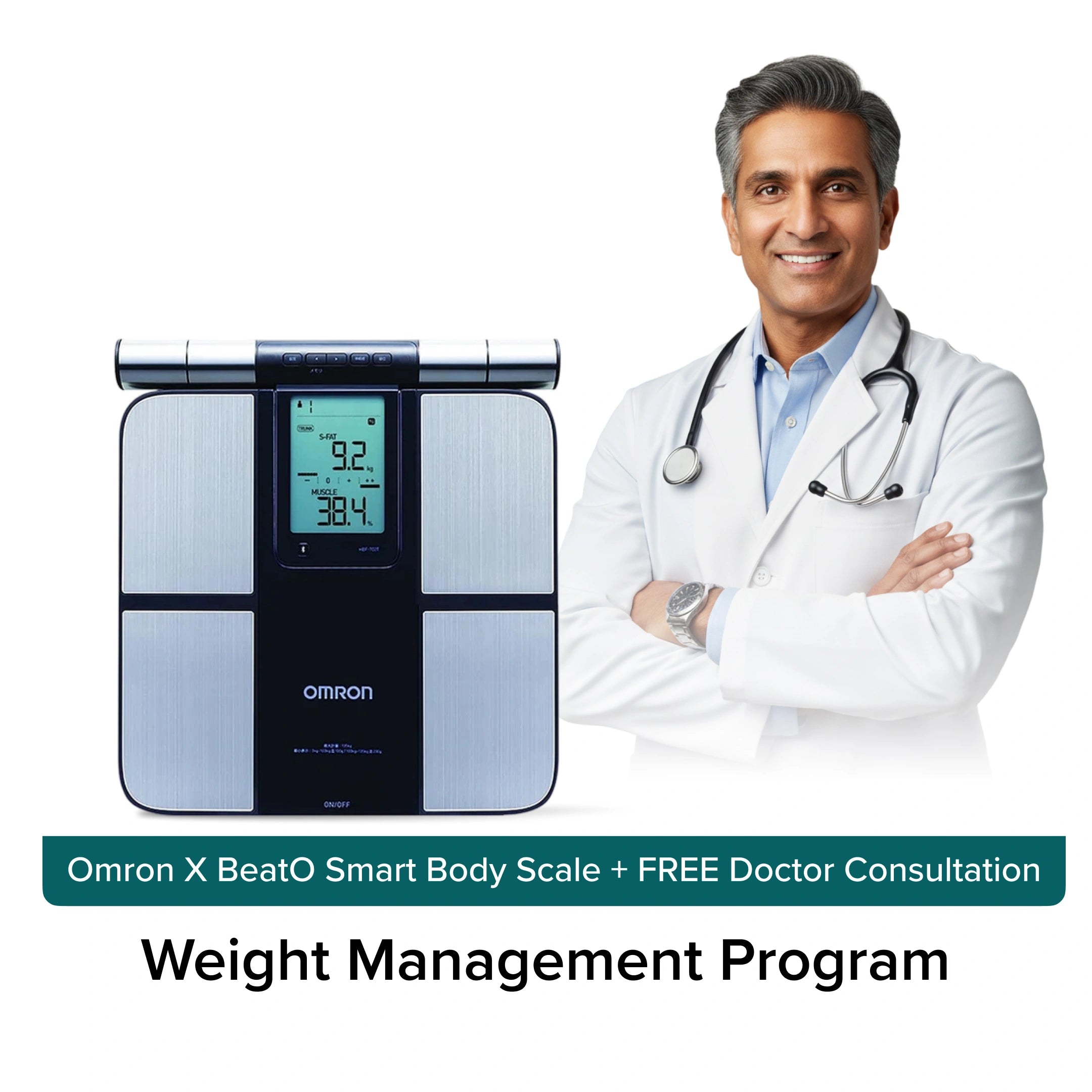 Omron X BeatO Smart Body Scale with a doctor standing next to it, promoting a weight management program.