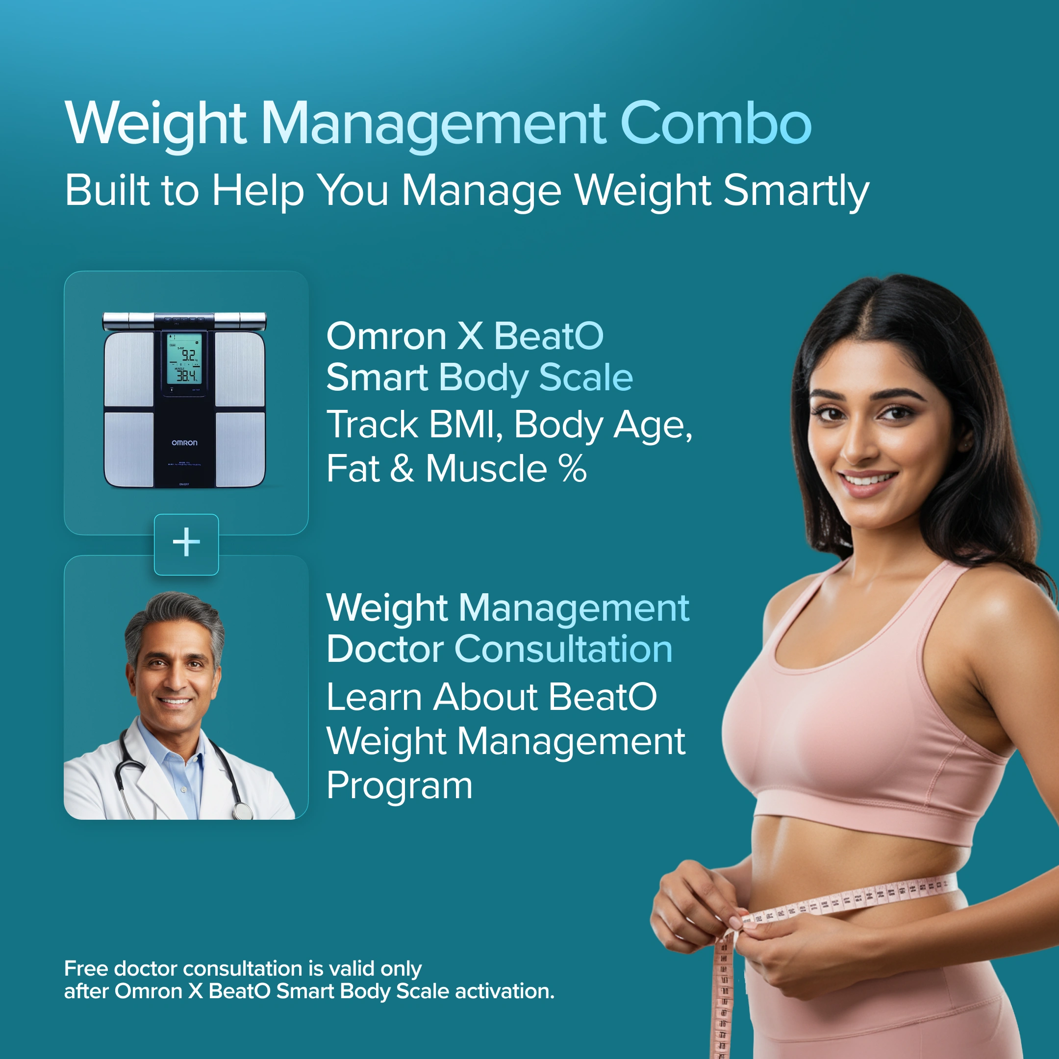 Advertisement for weight management combo with Omron X BeatO smart body scale and doctor consultation on a teal background.