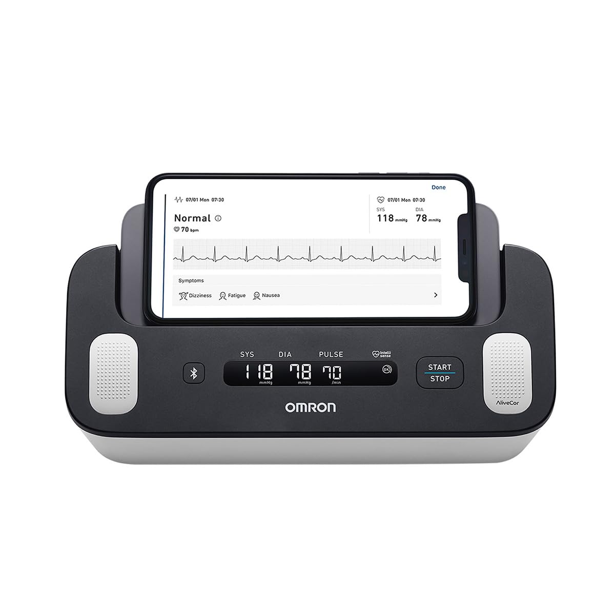 Omron blood pressure monitor with digital display on a white background