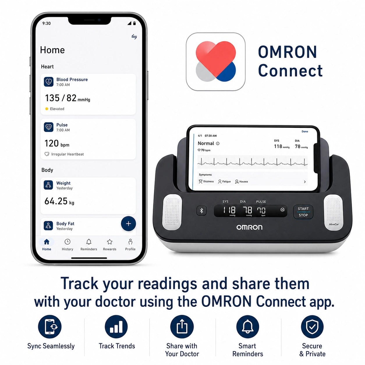 Omron blood pressure monitor shown with its companion app on a smartphone and a desktop screen, plus the OMRON Connect app logo and feature icons on a white background.