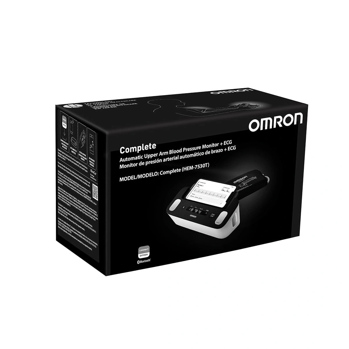 OMRON Complete Automatic Upper Arm Blood Pressure Monitor + ECG retail packaging box, model HEM-73207, shown at a three-quarter angle on a plain white background.