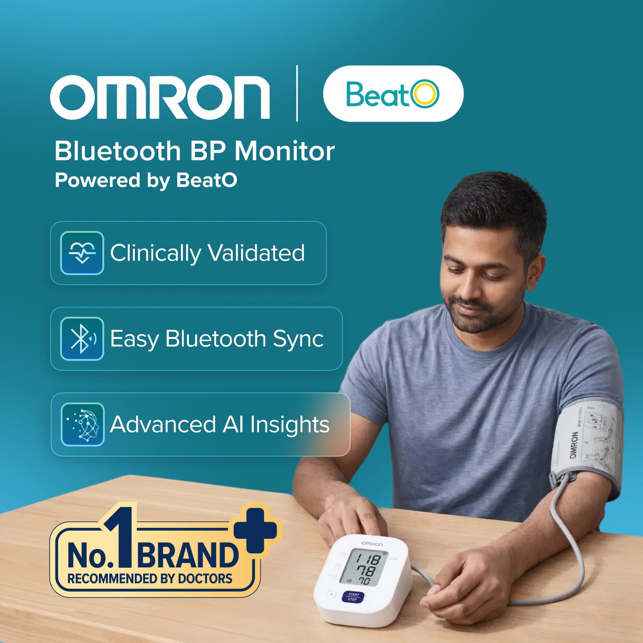 Man using Omron Bluetooth BP Monitor with product features highlighted on a blue background