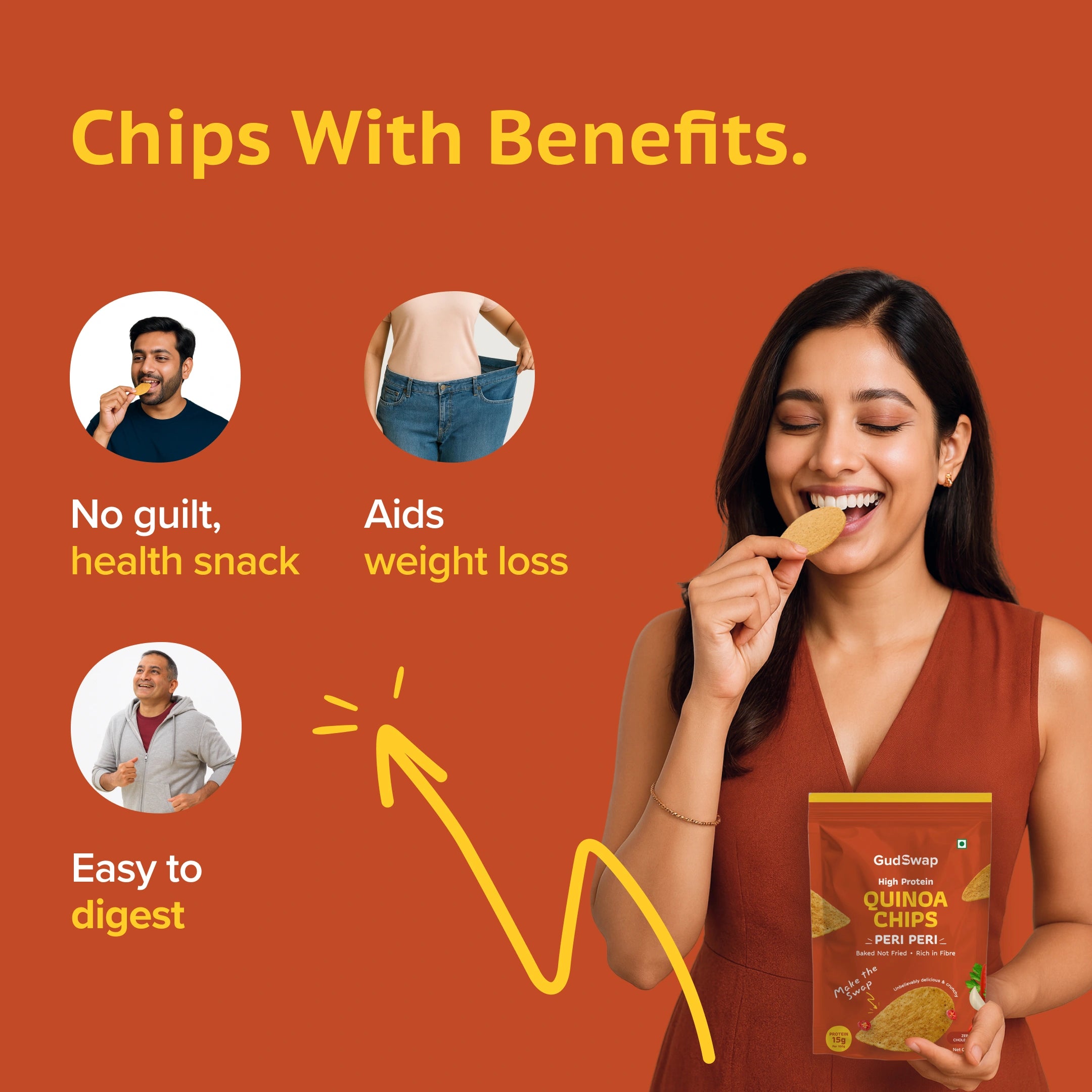 Woman holding a package of quinoa chips with health benefits text on an orange background