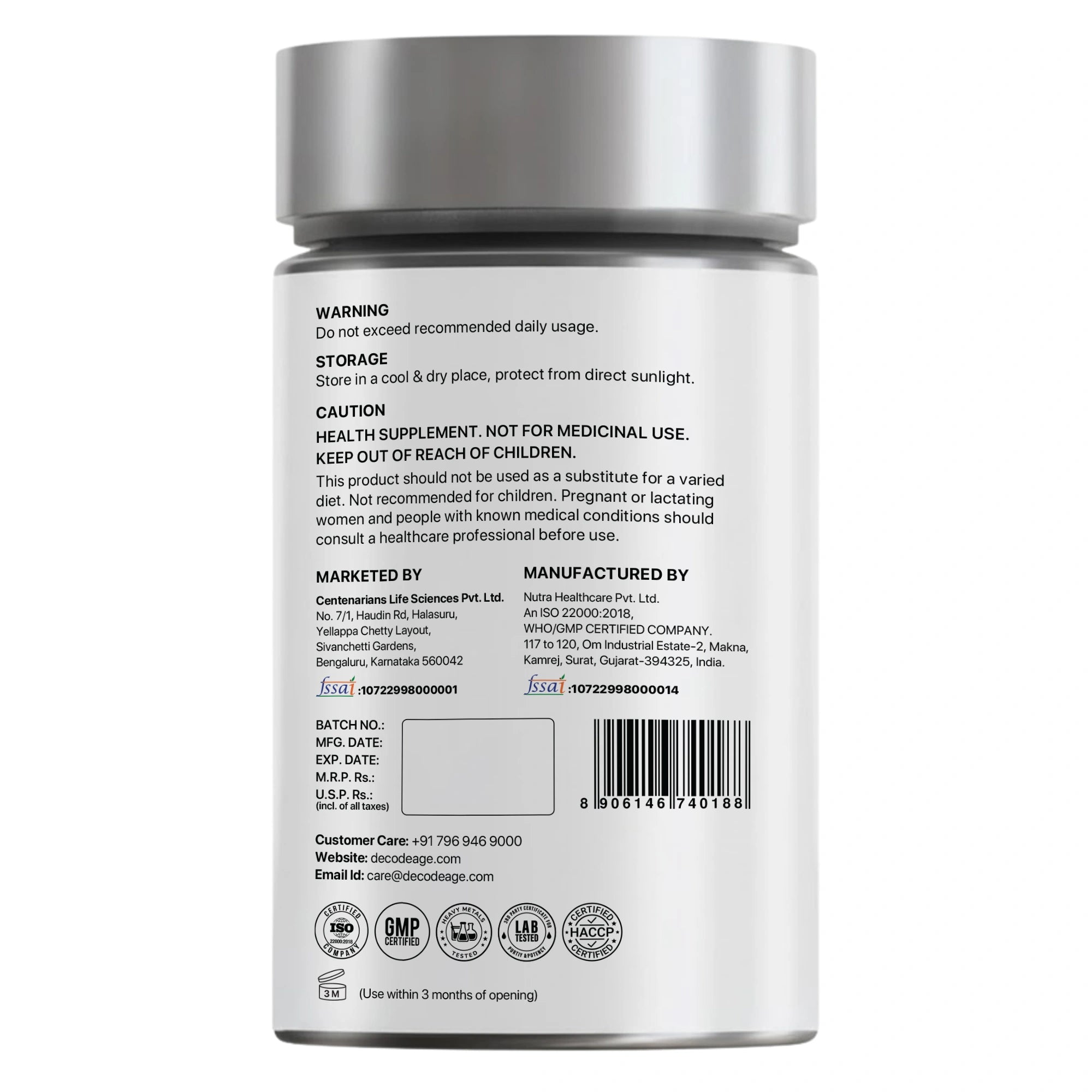 Back label of a supplement container with text and logos on a white background