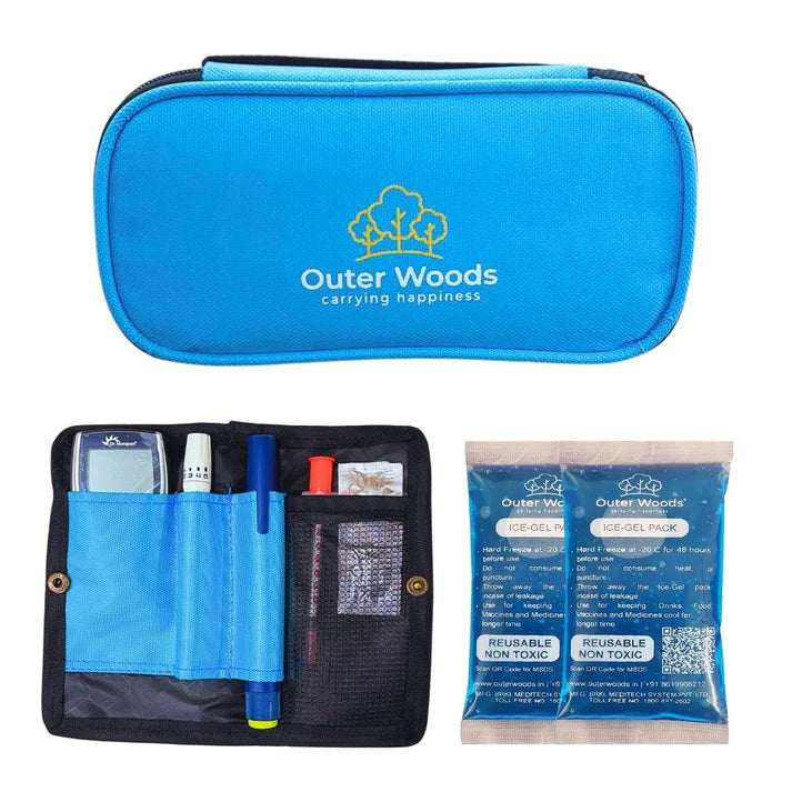 Blue carrying case with Outer Woods branding, containing stationery items and a reusable nose mask package.