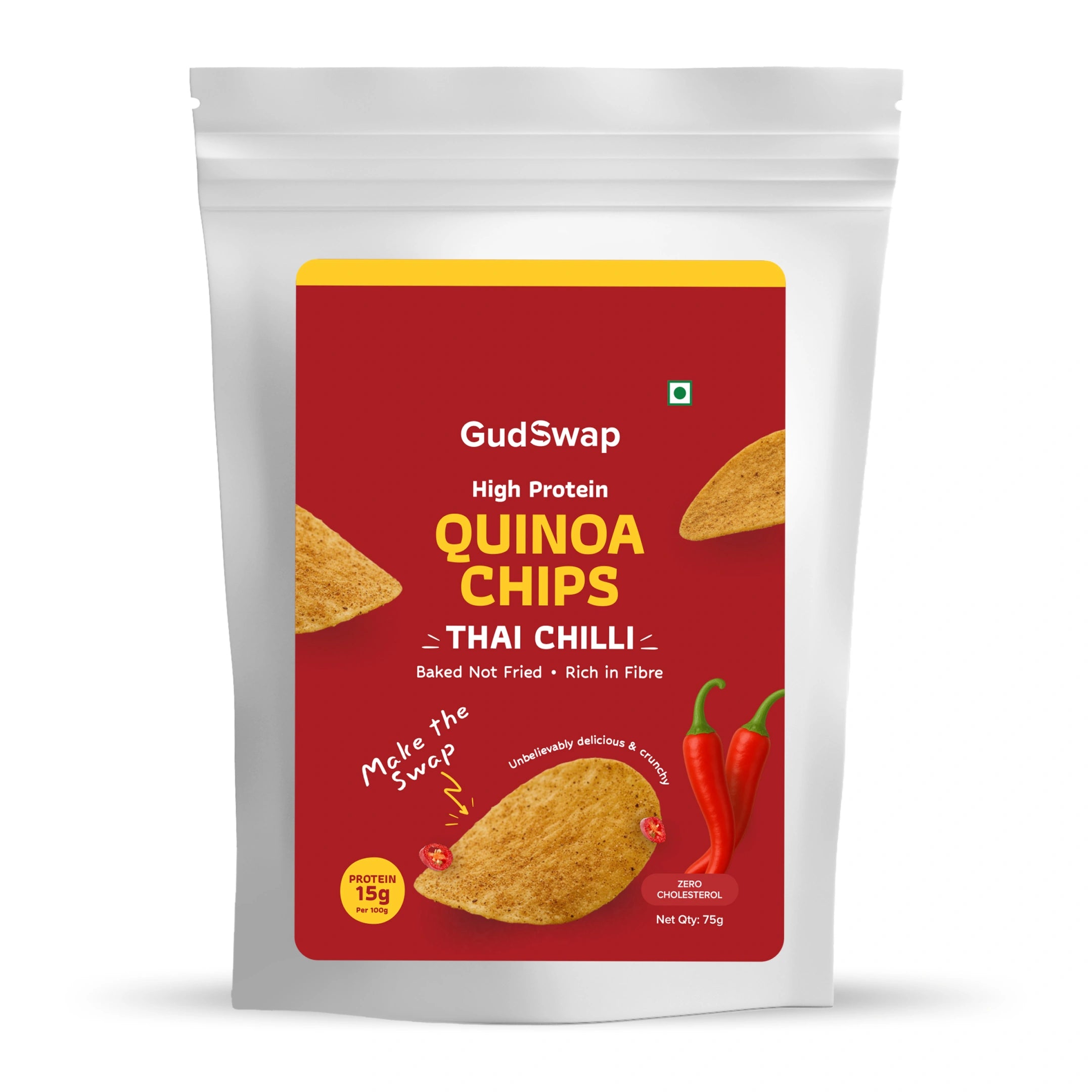 GudSwap High Protein Quinoa Chips Thai Chilli packaging on a white background