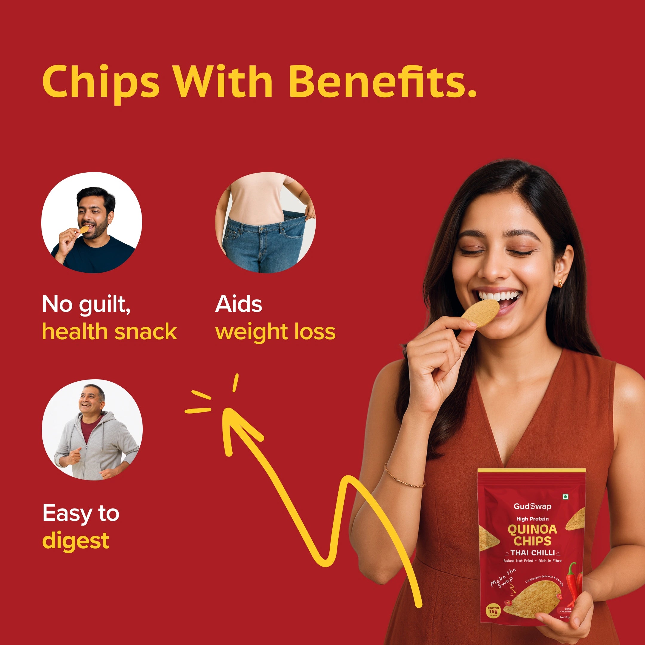 Woman holding a package of quinoa chips with text highlighting benefits on a red background