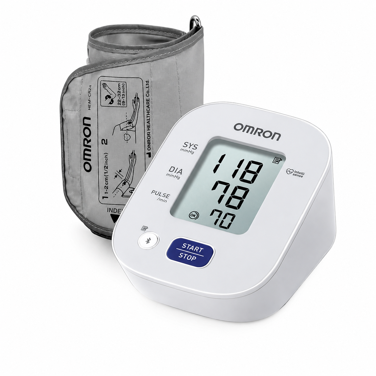 Omron blood pressure monitor with digital display on a white background