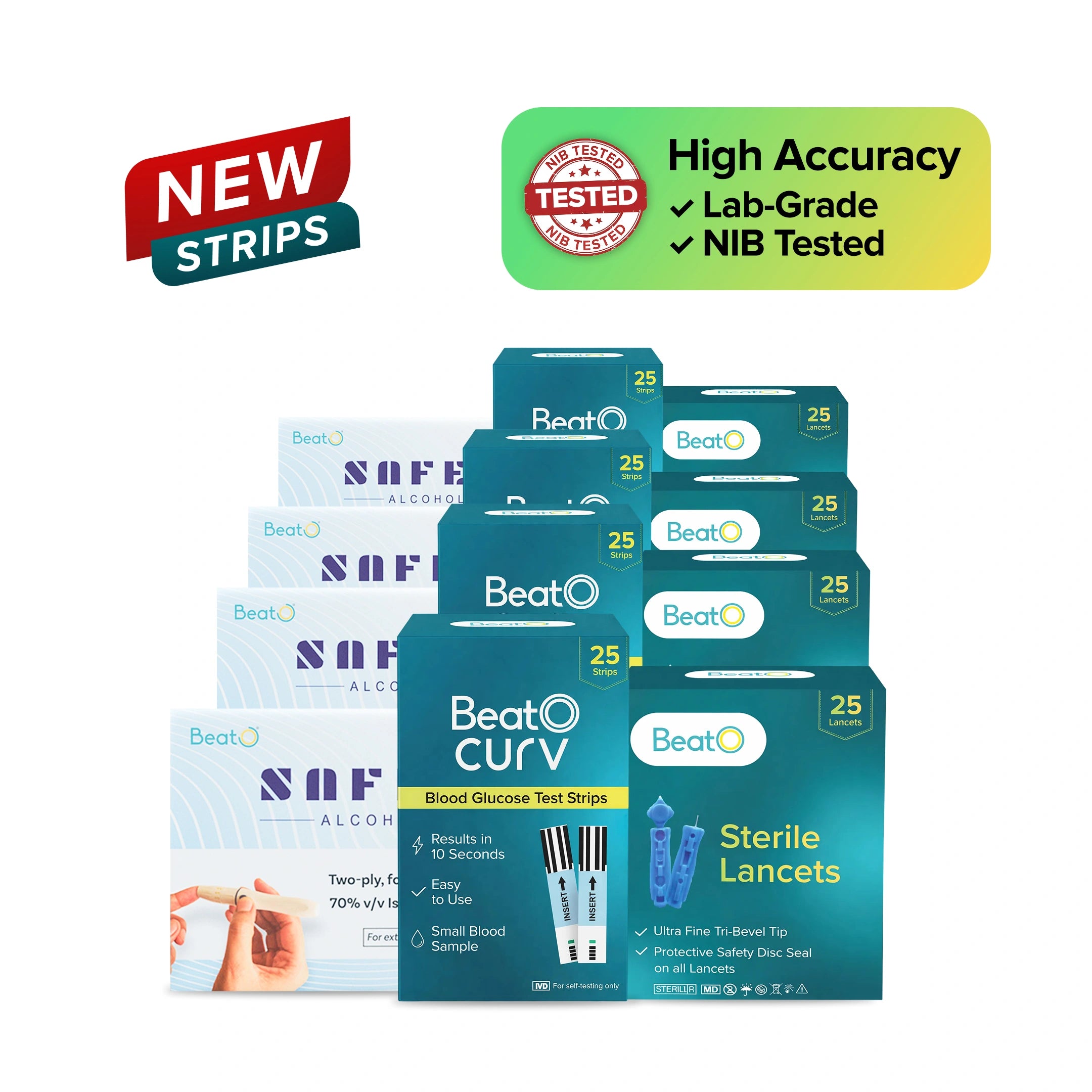 BeatO CURV Blood Glucose Test Strips & Lancets with SafeWipe alcohol Swabs Combo Pack