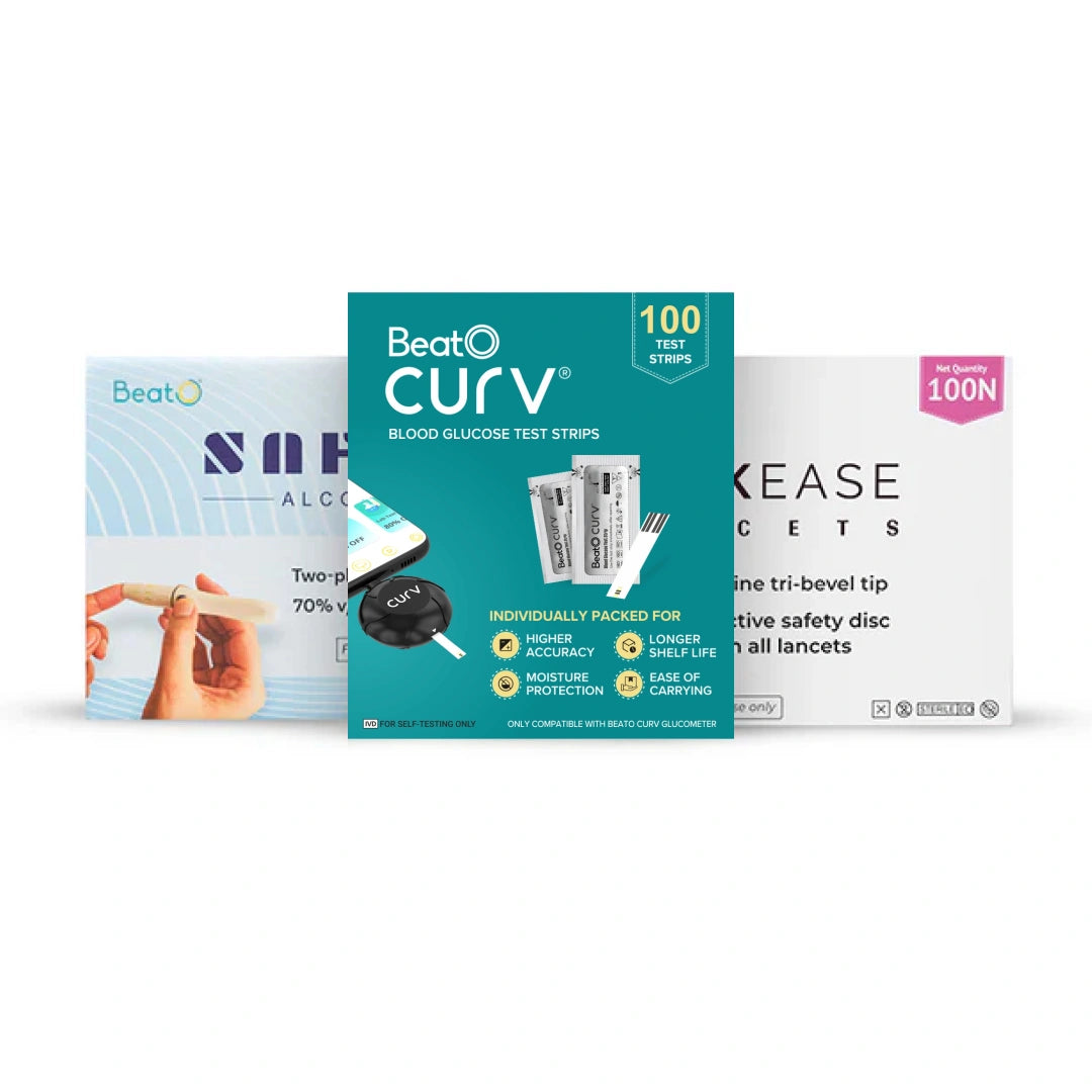 BeatO CURV Blood Glucose Test Strips & Lancets with SafeWipe alcohol Swabs Combo Pack