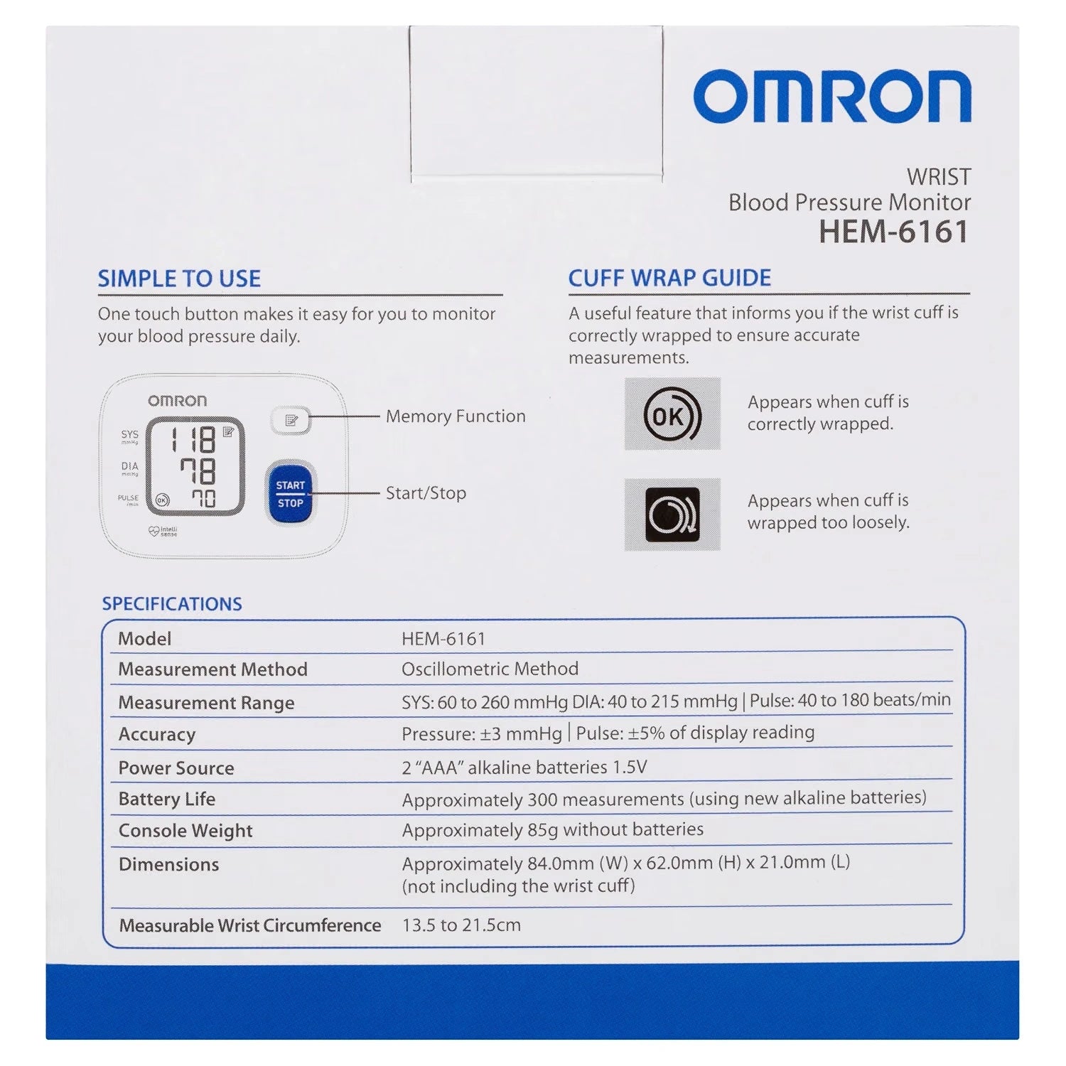 Omron HEM 6161 Fully Automatic Wrist Blood Pressure Monitor with Intellisense Technology, Cuff Wrapping Guide and Irregular Heartbeat Detection for Most Accurate Measurement (White)