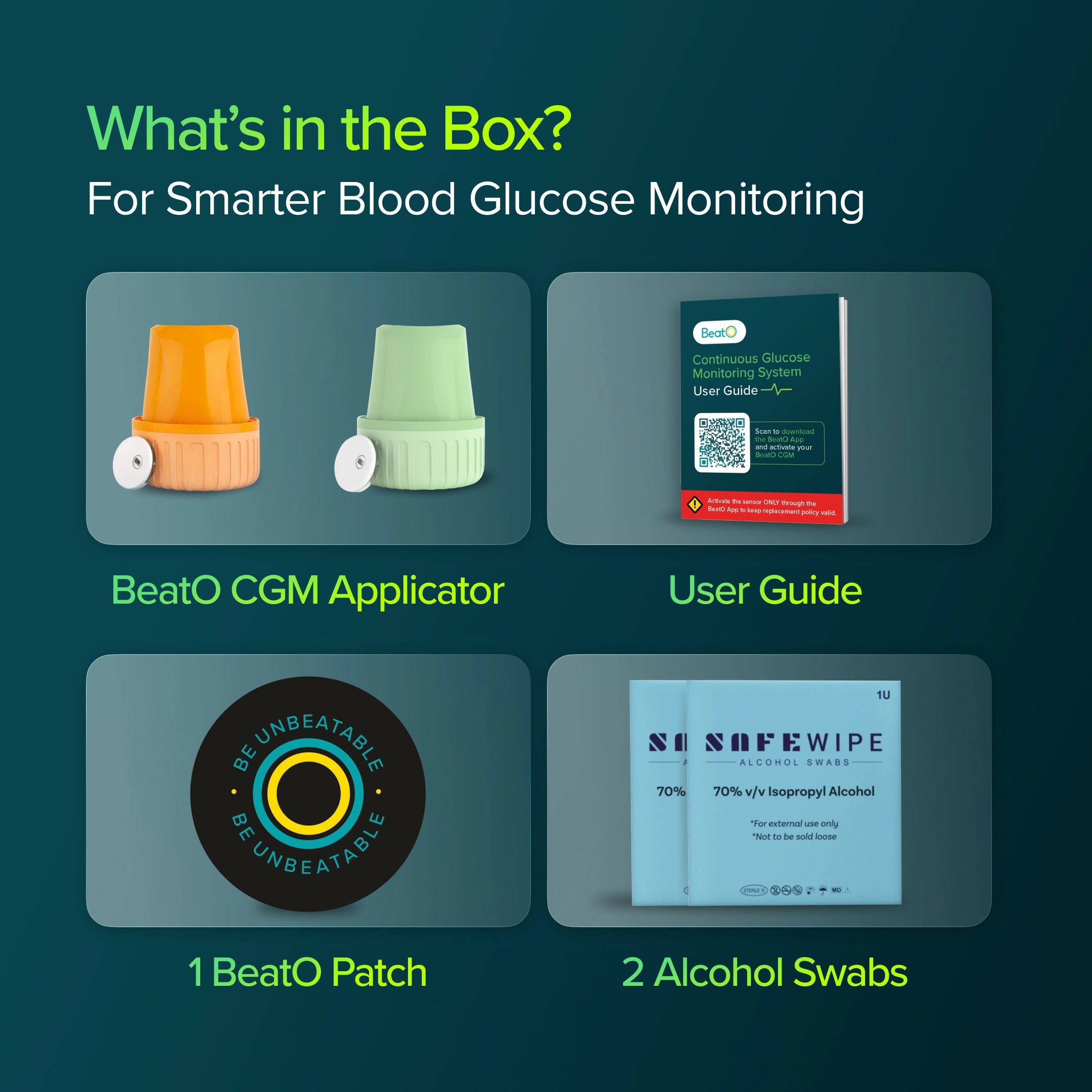 List of items included in a box for smarter blood glucose monitoring with BeatO CGM Applicator, User Guide, BeatO Patch, and Alcohol Swabs.